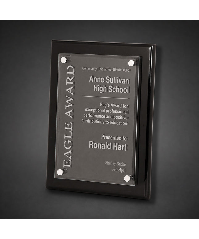 Munsing Black piano finish acrylic floater laser engraved