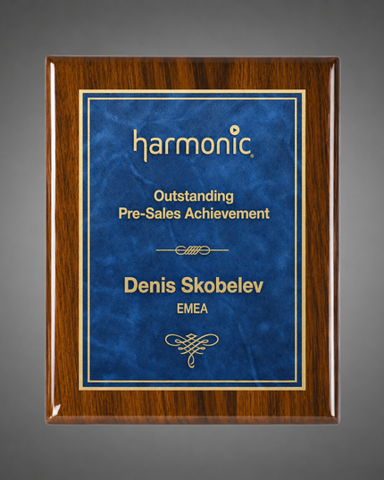 Piano Finish Walnut plaque with blue Marble Mist engraving plate