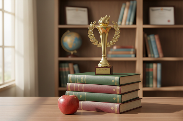 Academic trophy sitting on books with an apple