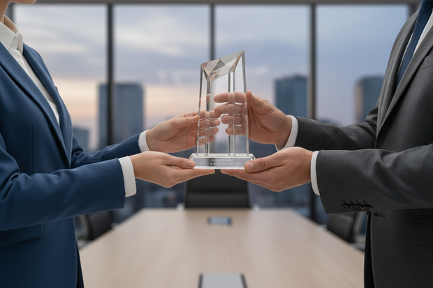 corporate glass image being handed to recipient